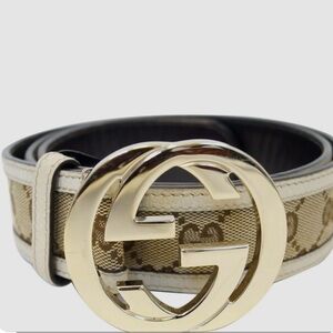Gucci Canvas and Leather Tan and Gold Interlocking Logo Belt